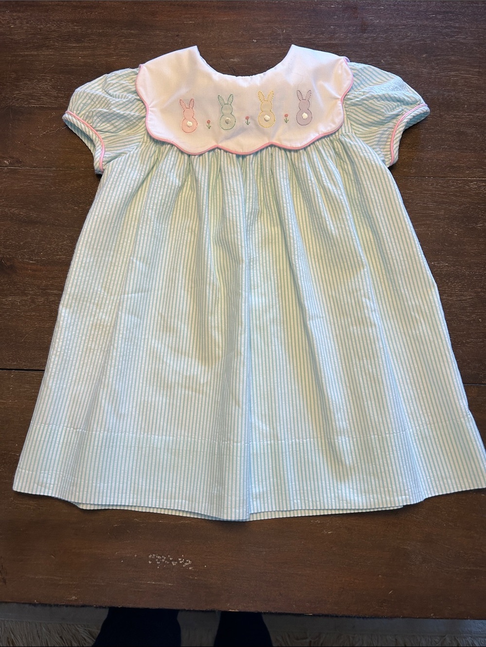 Anavini Green Stripe Dress with Pastel Embroidered Easter Bunnies on Collar